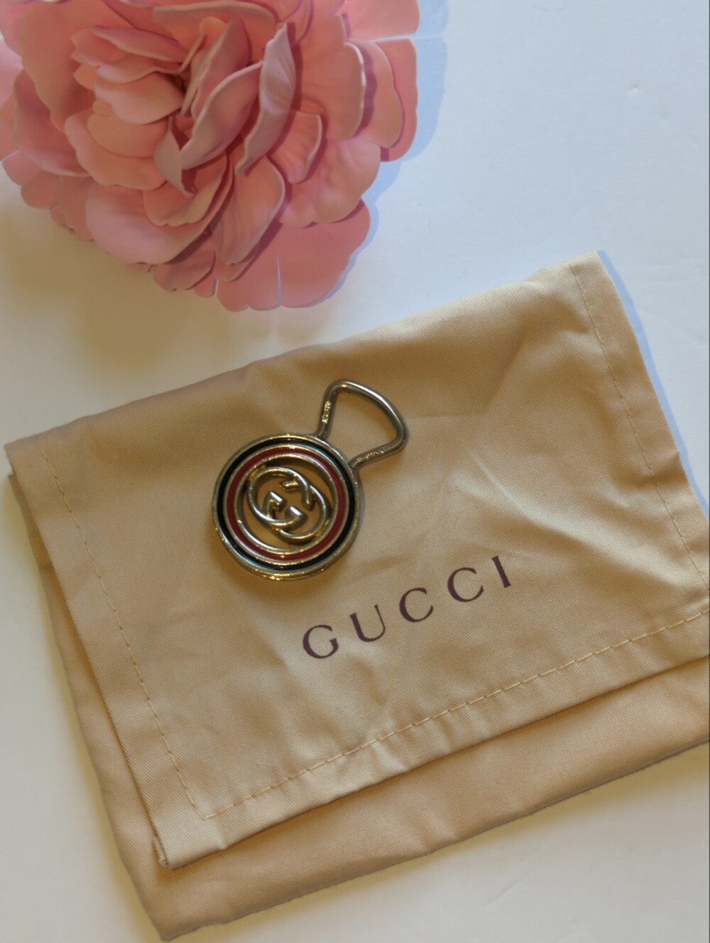 Gucci Gold-Tone Interlocking G Key Holder/ Bag Charm Red and Green Enamel Rings